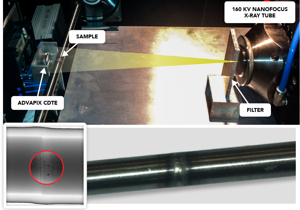 ADVACAM: A radiographic image of the welded pipe: The welding misalignment and the three bubbles are clearly visible. The AdvaPIX CdTe camera took the image. The material thickness can be measured with minimal precision of 20 µm (rms) in the center of the pipe and 50 µm (rms) near its periphery. The bubbles with a diameter of about 100 µm can be identified with high confidence and other structural features such as cracks or cavities.