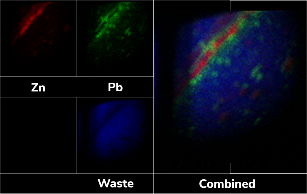ADVACAM XRF Material Analysis: The XRF method was used for the sliced rock samples. Red – Zn, green – Pb, blue – waste material. Result was achieved using Timepix 3 detector with CdTe sensor.