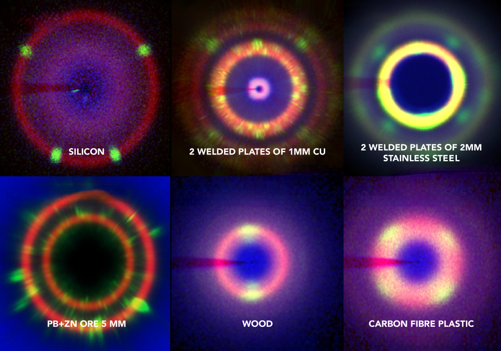 The XRD measurements performed in transmission mode (X-ray beam penetrates through the sample, detector is placed behind of it) with polychromatic X-ray beam of 160 kVp. Anisotropic scattering patterns indicate presence of texture in the sample structure. Color coding in these images shows powder signal in red, reflections from larger crystals in green and mean energy in blue. An AdvaPIX camera was used to create this image.